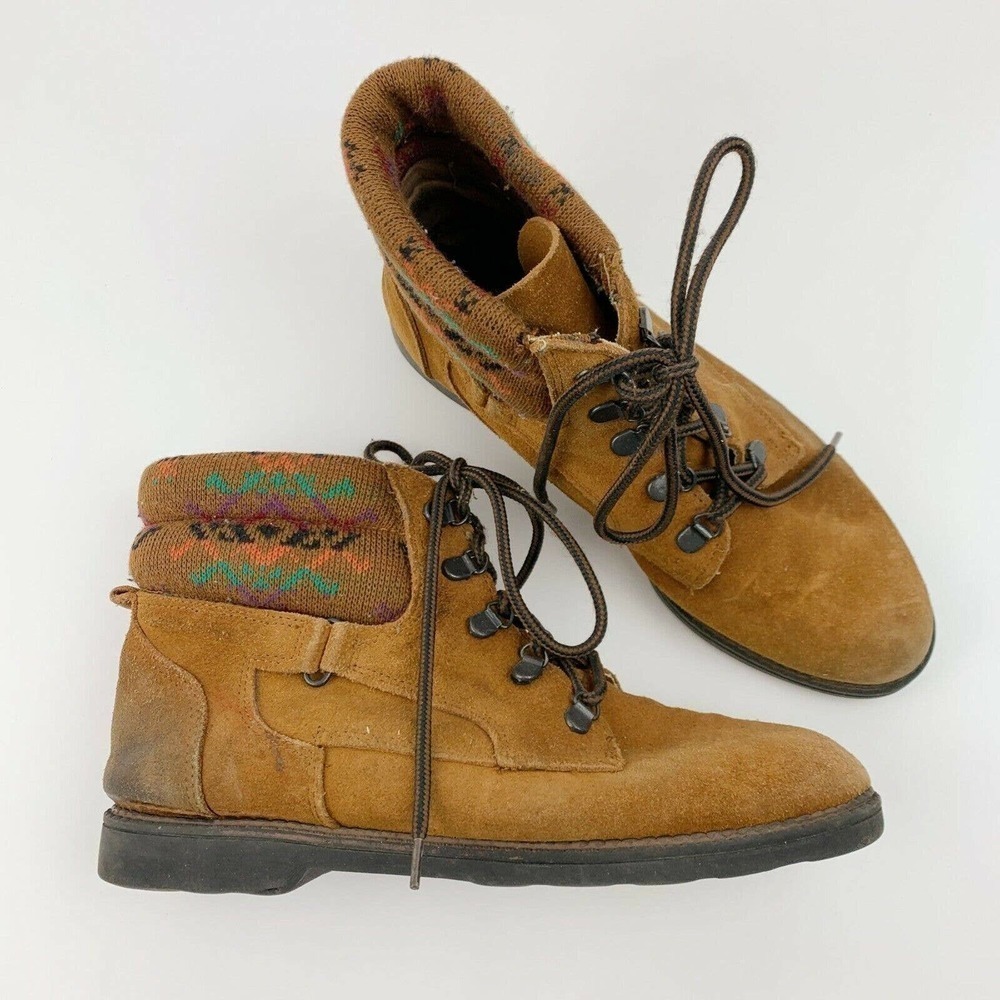Vintage Kinney ProCare Leather Suede Knit Ankle Lace Up Boots Size Womens 10